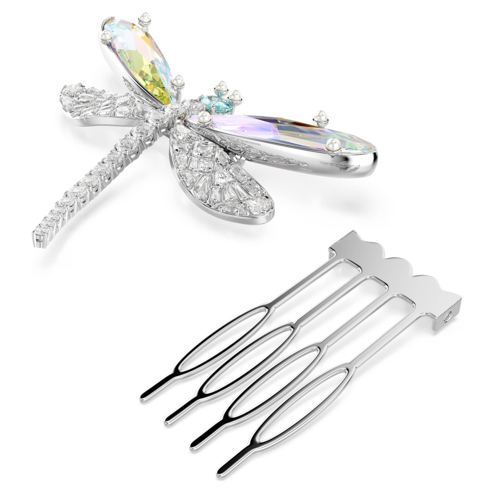 Ariana Grande x Swarovski brooch and hair accessory Crystal Pearl, Mixed cuts, Dragonfly, White, Rhodium plated