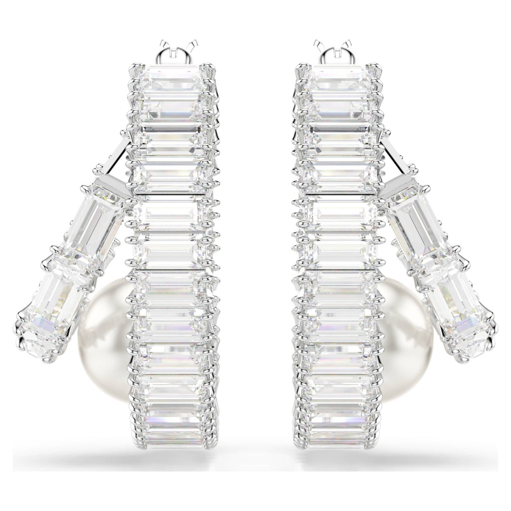 Ariana Grande x Swarovski hoop earrings Crystal pearl, Baguette cut, White, Rhodium plated