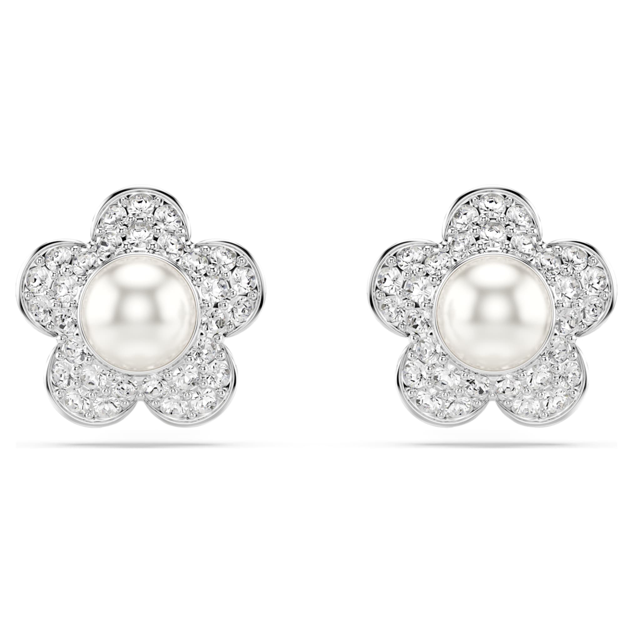 Ariana Grande x Swarovski stud earrings Crystal Pearl, Round cut, Flower, White, Rhodium plated