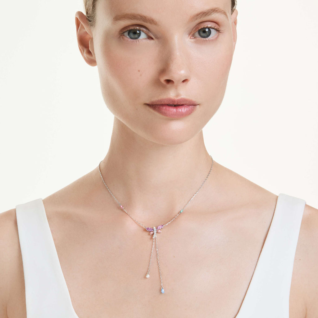 Ariana Grande x Swarovski Y necklace Mixed cuts, Dragonfly, Multicolored, Rhodium plated