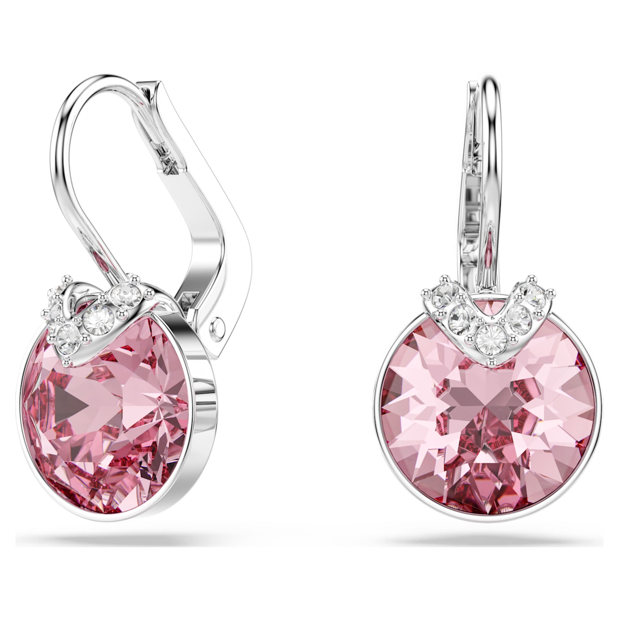 Swarovski Bella V drop earrings Round cut, Pink, Rhodium plated