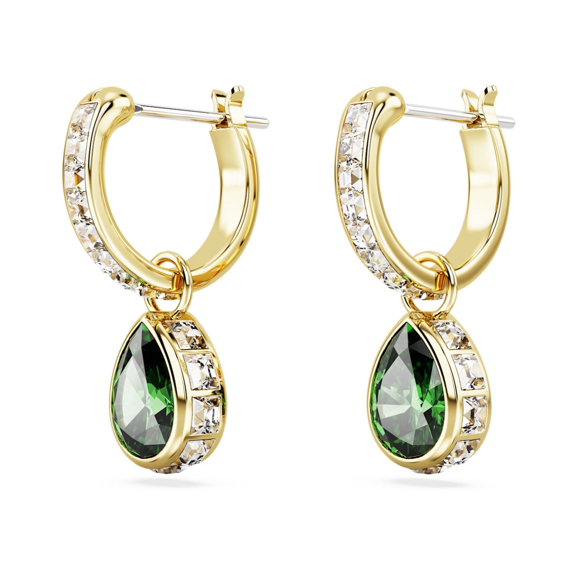 Swarovski Chroma drop earrings Pear cut, Green, 18K gold finish