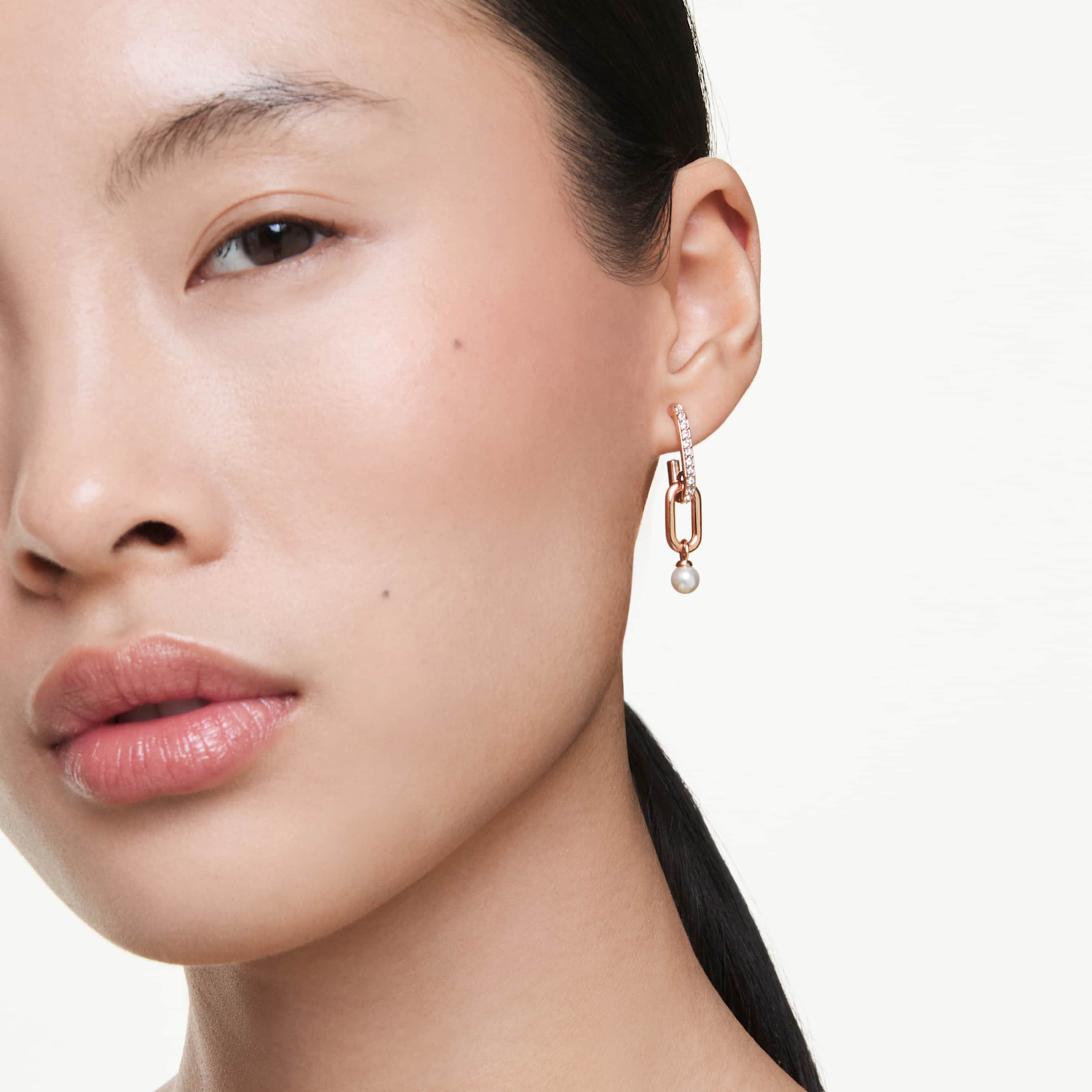 Swarovski Constella drop earrings Crystal pearl, Round cut, White, 18K rose gold finish
