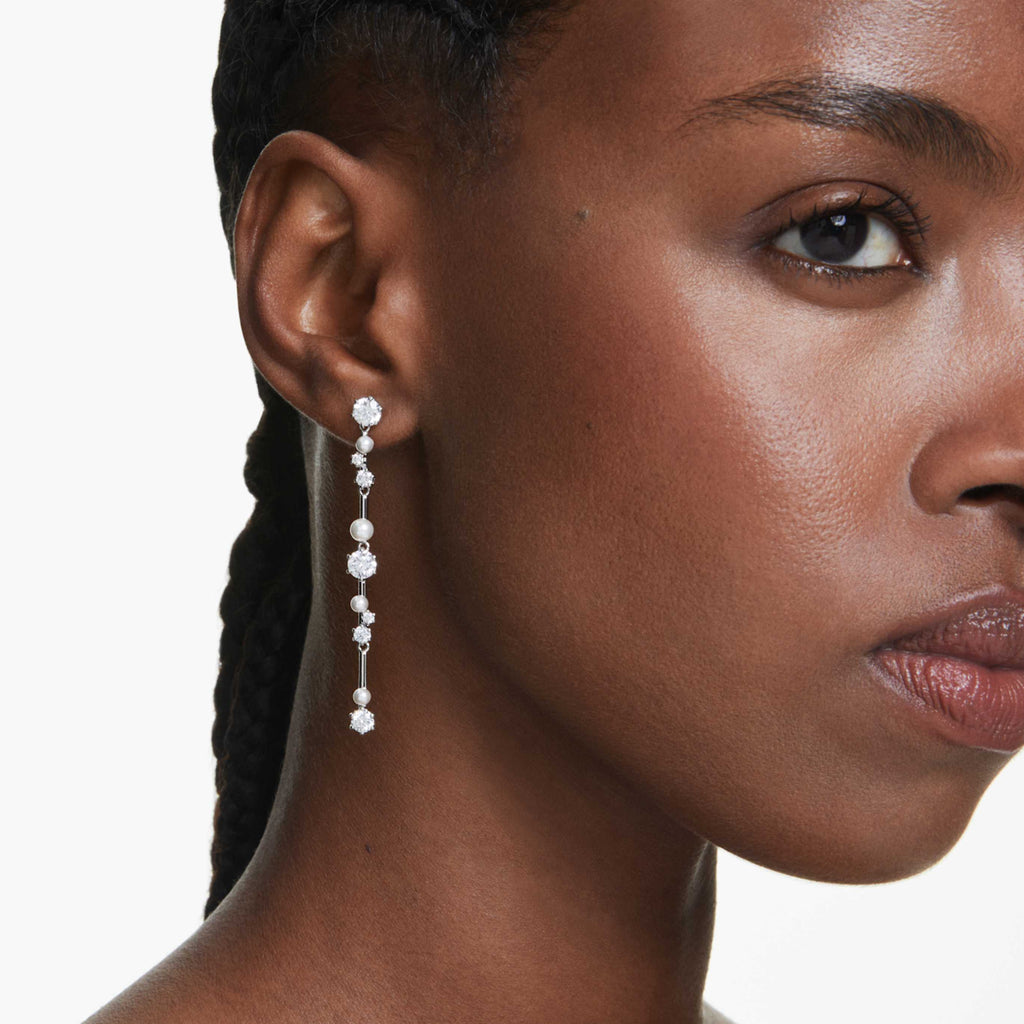 Swarovski Constella drop earrings Crystal pearl, Round cuts, White, Rhodium plated