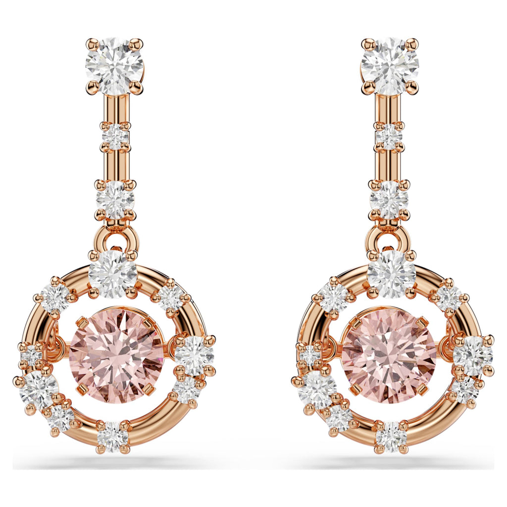 Swarovski Constella drop earrings Round cut, Dancing stone, Pink, 18K rose gold finish