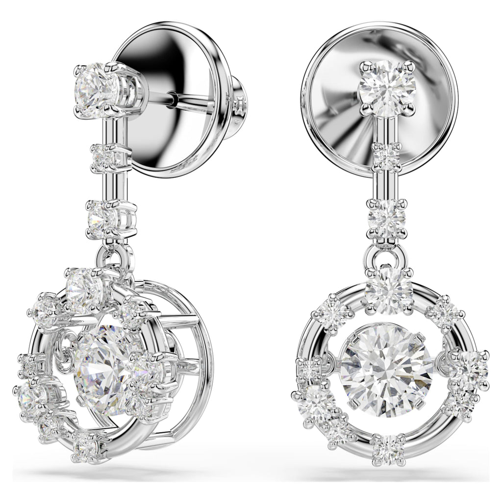 Swarovski Constella drop earrings Round cut, Dancing stone, White, Rhodium plated