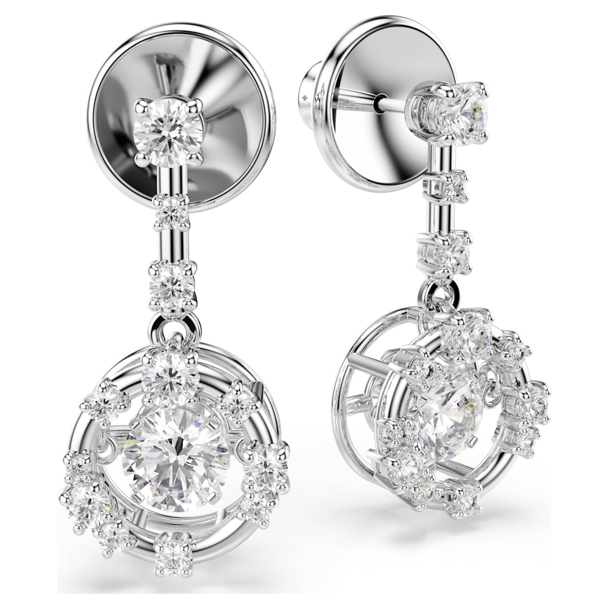Swarovski Constella drop earrings Round cut, Dancing stone, White, Rhodium plated