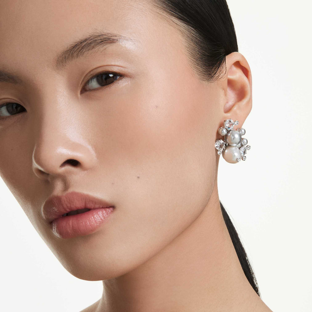 Swarovski Constella earrings Crystal pearl, Round cut, White, Rhodium plated