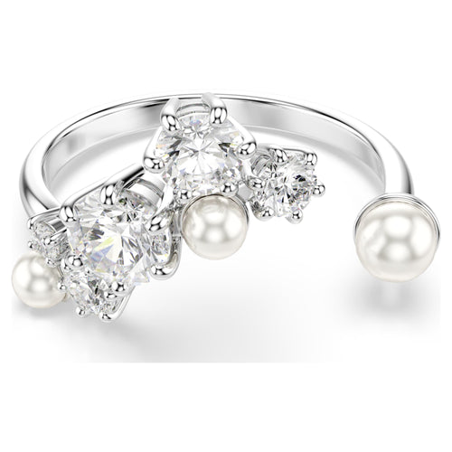 Swarovski Constella open ring Crystal pearl, Round cuts, White, Rhodium plated
