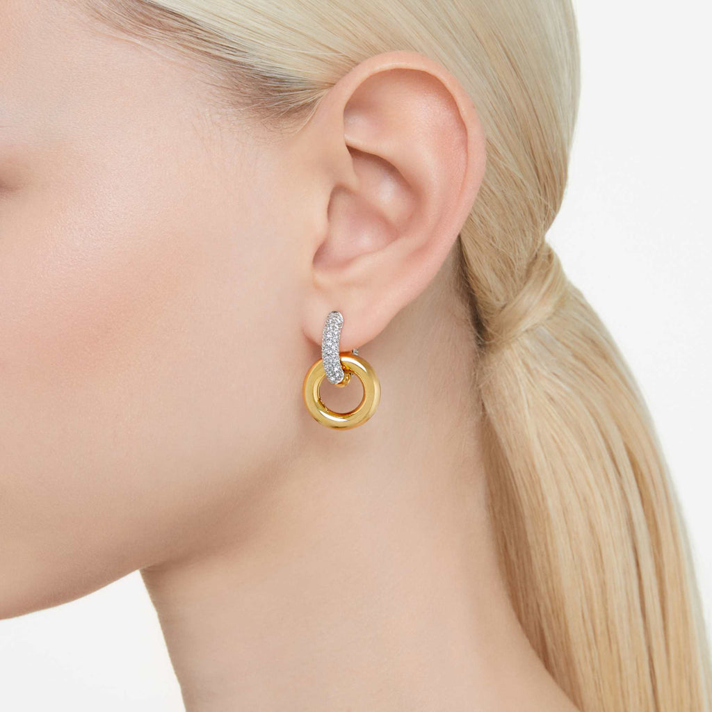 Swarovski Dextera hoop earrings Asymmetrical design, Interlocking loop, White, 18K gold finish