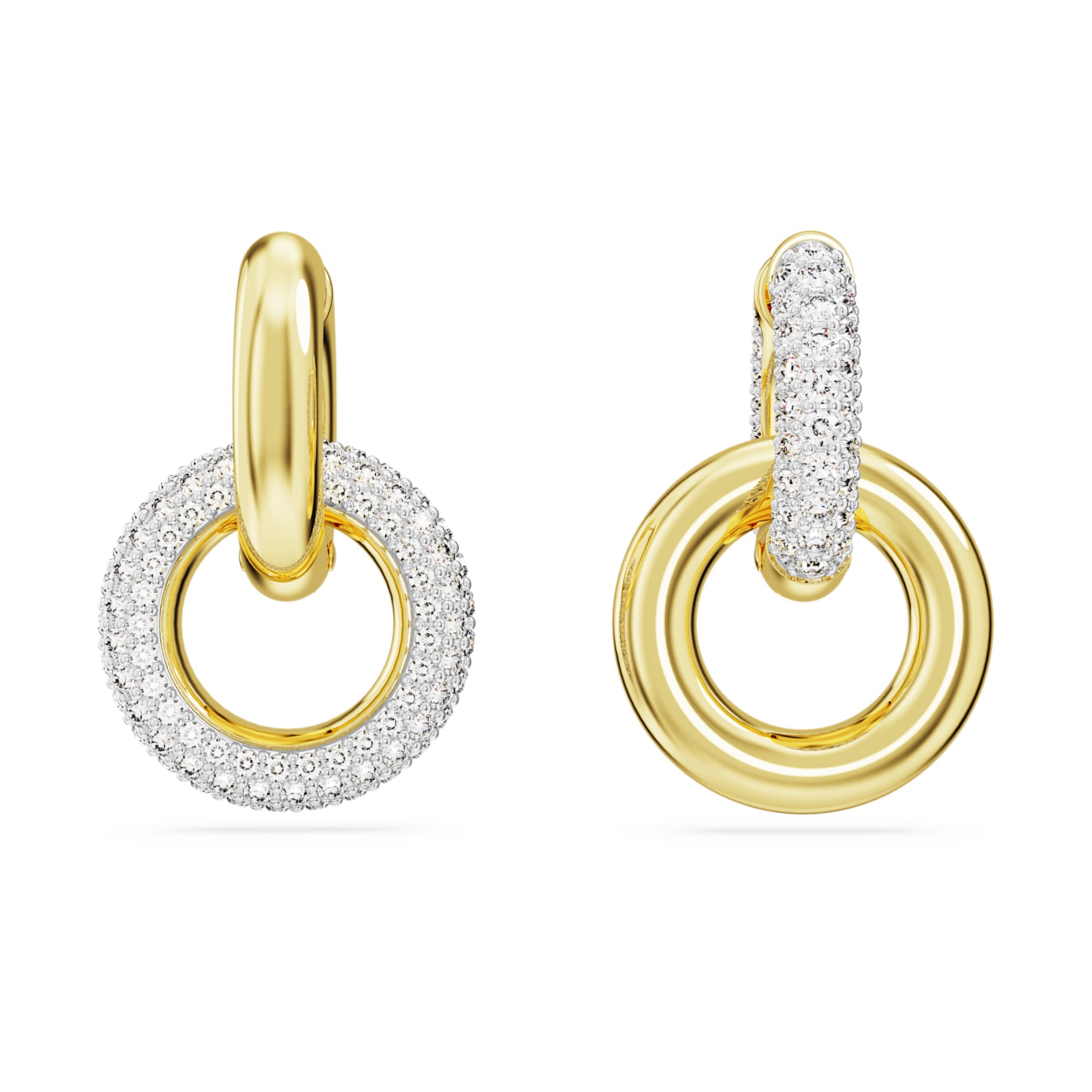 Swarovski Dextera hoop earrings Asymmetrical design, Interlocking loop, White, 18K gold finish
