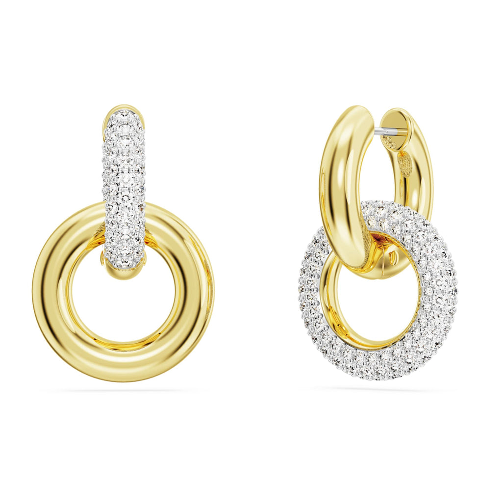 Swarovski Dextera hoop earrings Asymmetrical design, Interlocking loop, White, 18K gold finish