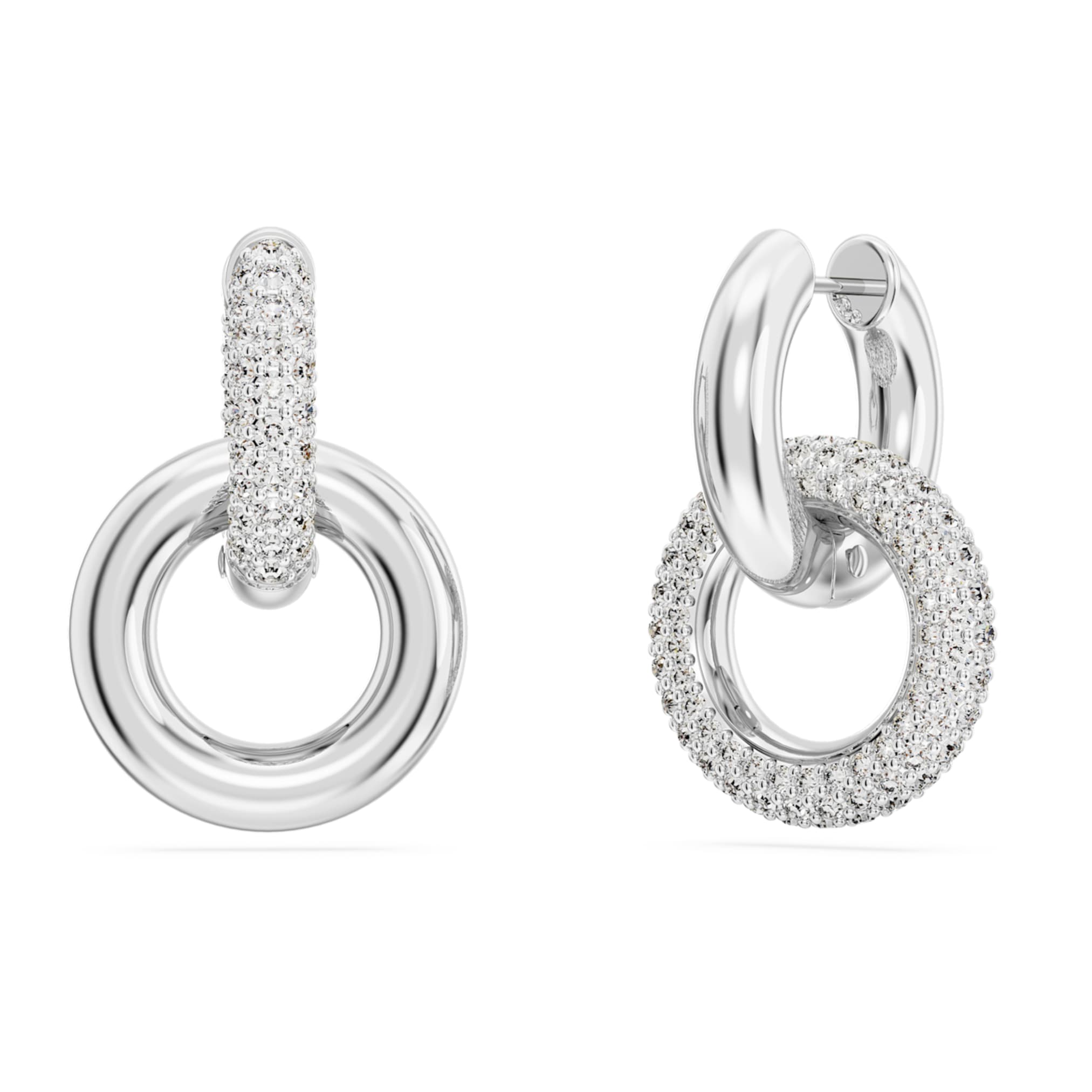 Swarovski Dextera hoop earrings Asymmetrical design, Interlocking loop, White, Rhodium plated
