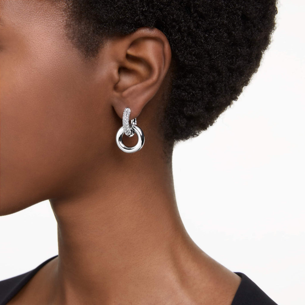 Swarovski Dextera hoop earrings Asymmetrical design, Interlocking loop, White, Rhodium plated