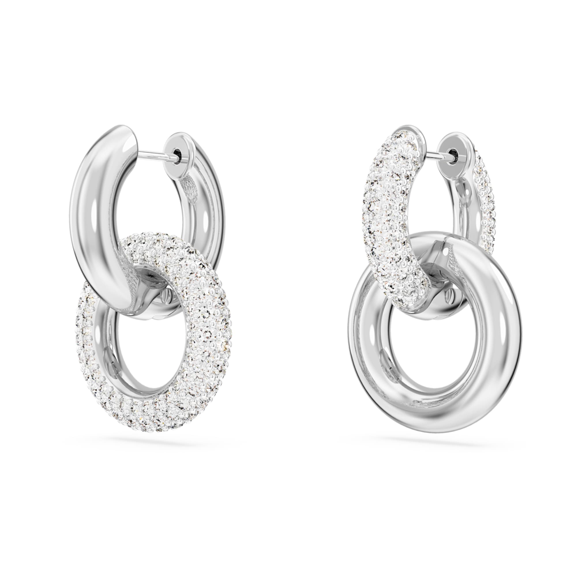 Swarovski Dextera hoop earrings Asymmetrical design, Interlocking loop, White, Rhodium plated