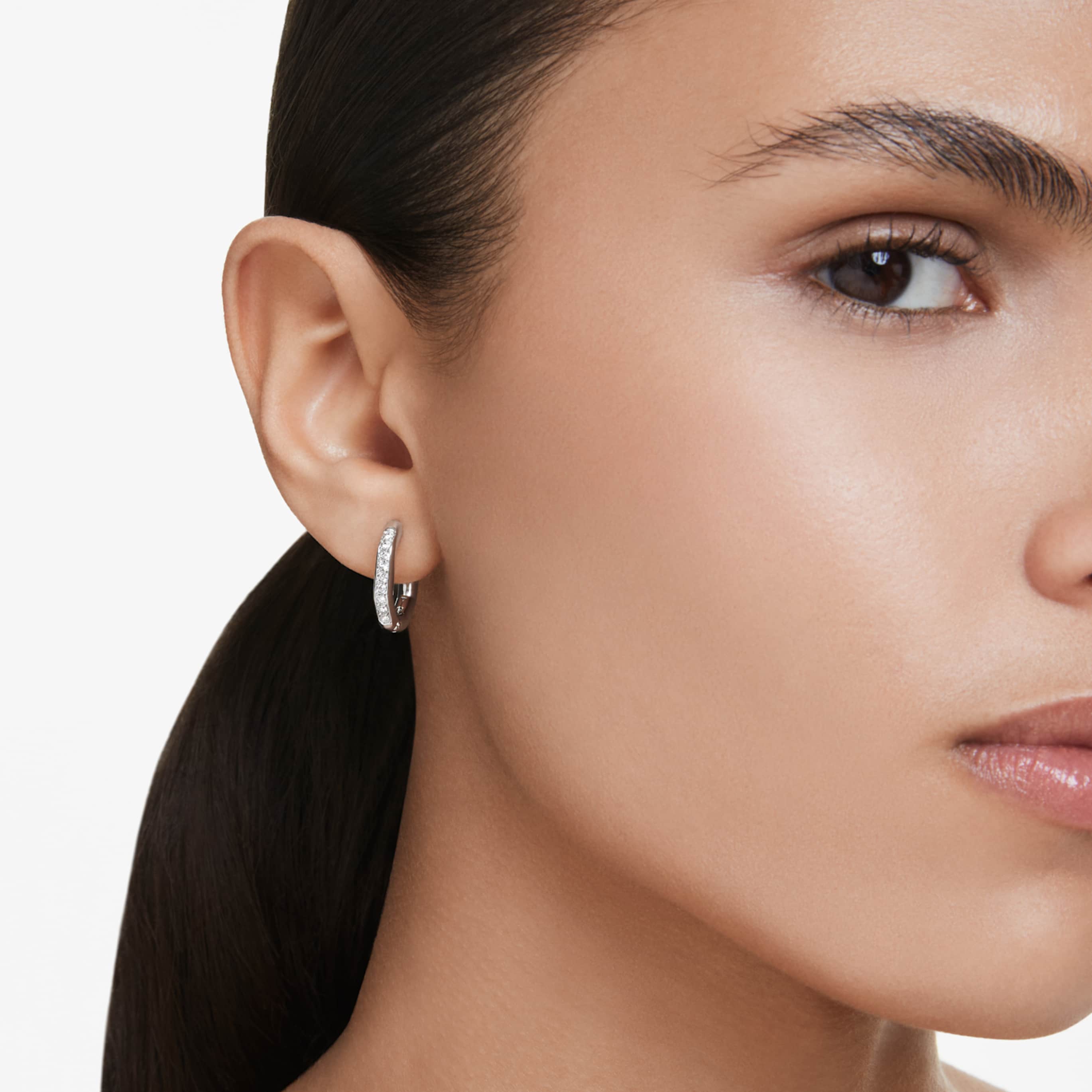 Swarovski Dextera hoop earrings Octagon shape, Round cut, Small, White, Rhodium plated