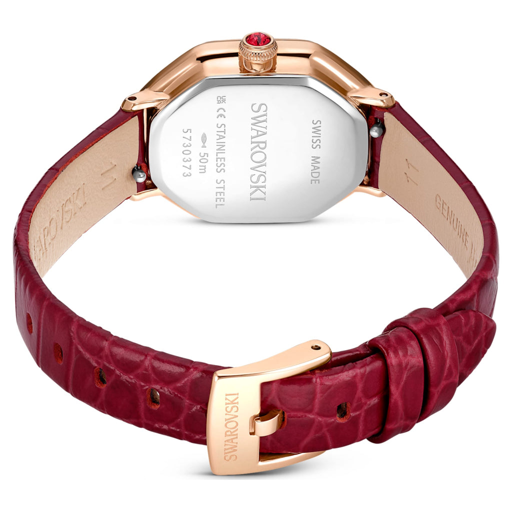 Swarovski Dextera octagon watch Swiss Made, Leather strap, Red, Rose gold-tone finish