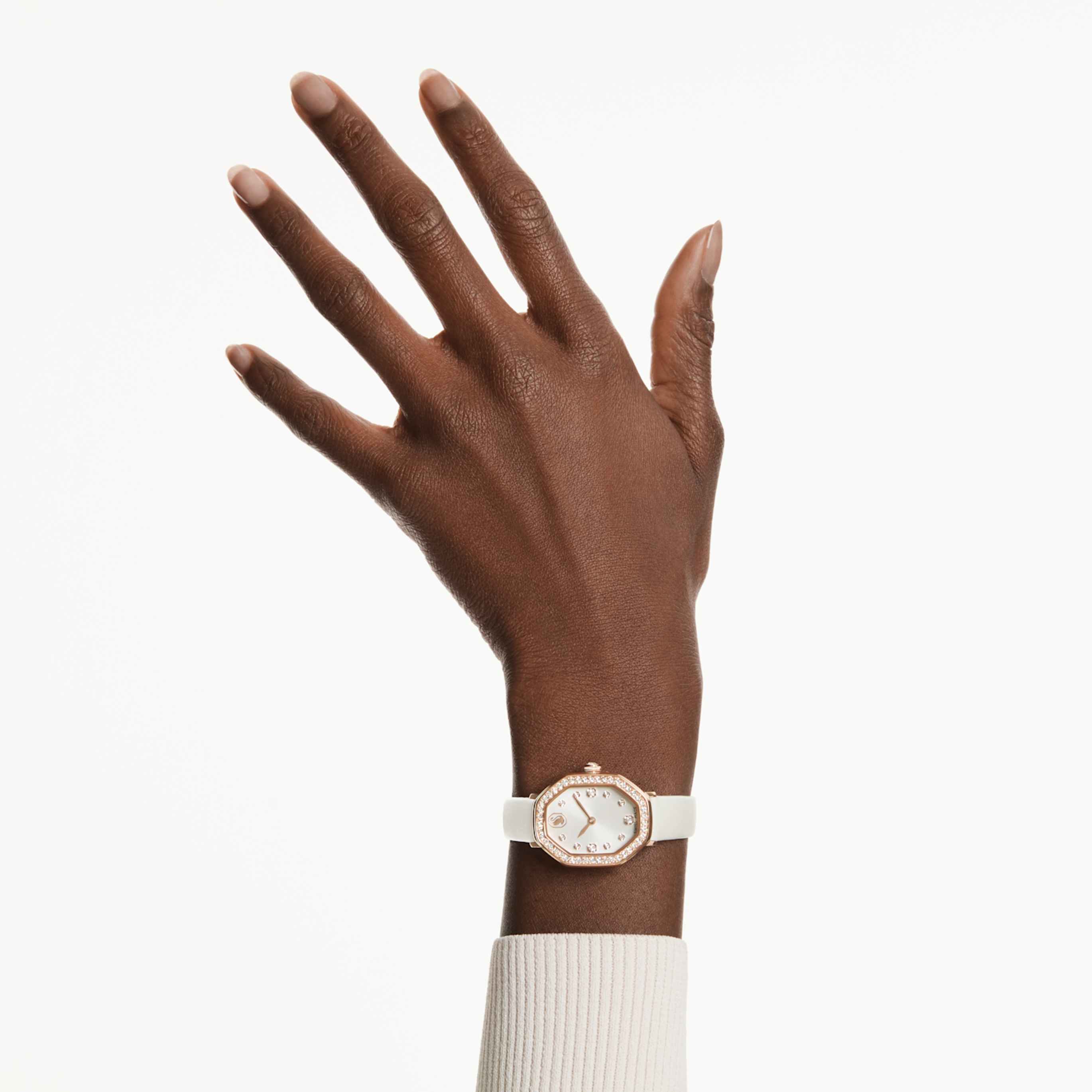 Swarovski Dextera octagon watch Swiss Made, Leather strap, White, Rose gold-tone finish