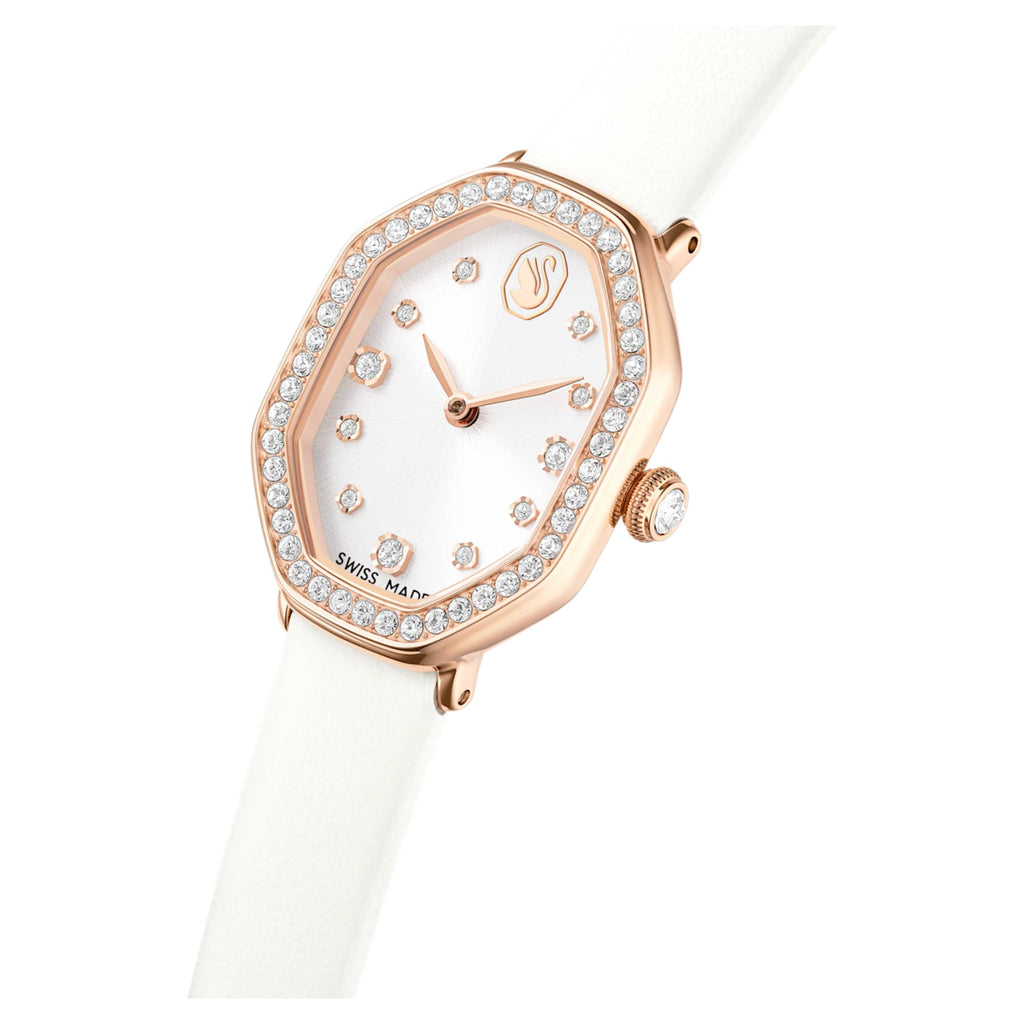 Swarovski Dextera octagon watch Swiss Made, Leather strap, White, Rose gold-tone finish