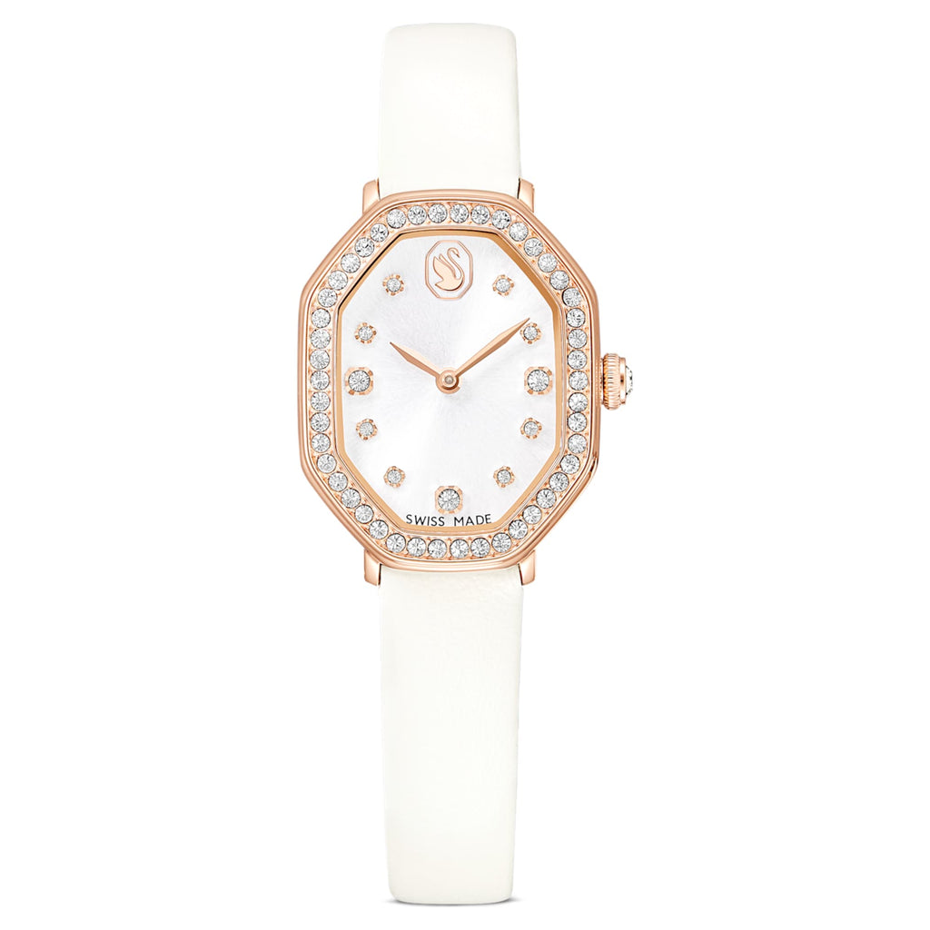 Swarovski Dextera octagon watch Swiss Made, Leather strap, White, Rose gold-tone finish