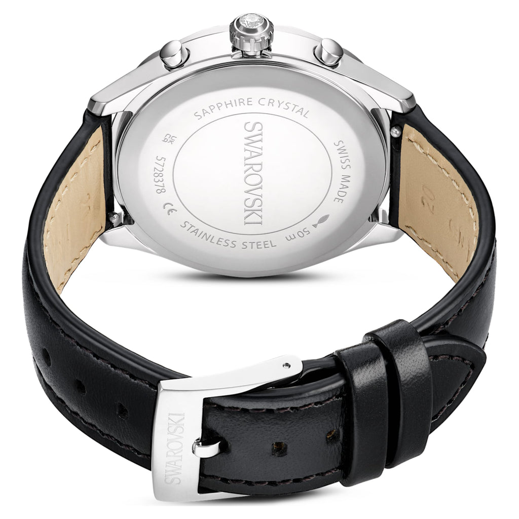 Swarovski Dextera tachymetre watch Swiss Made, Leather strap, Silver tone, Stainless steel