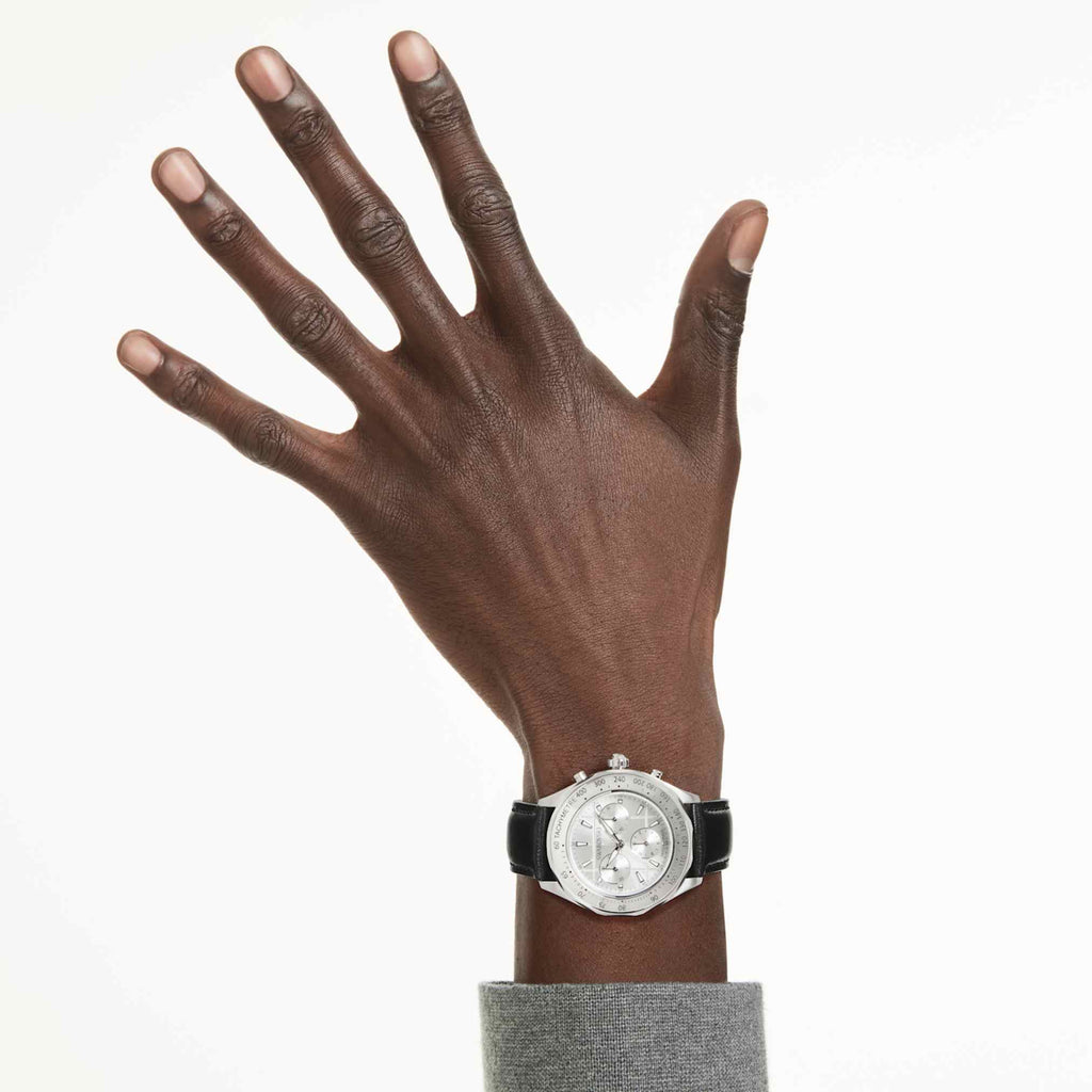 Swarovski Dextera tachymetre watch Swiss Made, Leather strap, Silver tone, Stainless steel
