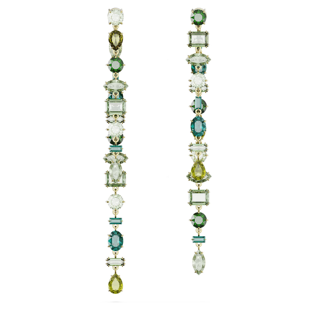 Swarovski Gema drop earrings Asymmetrical design, Mixed cuts, Extra long, Green, 18K gold finish