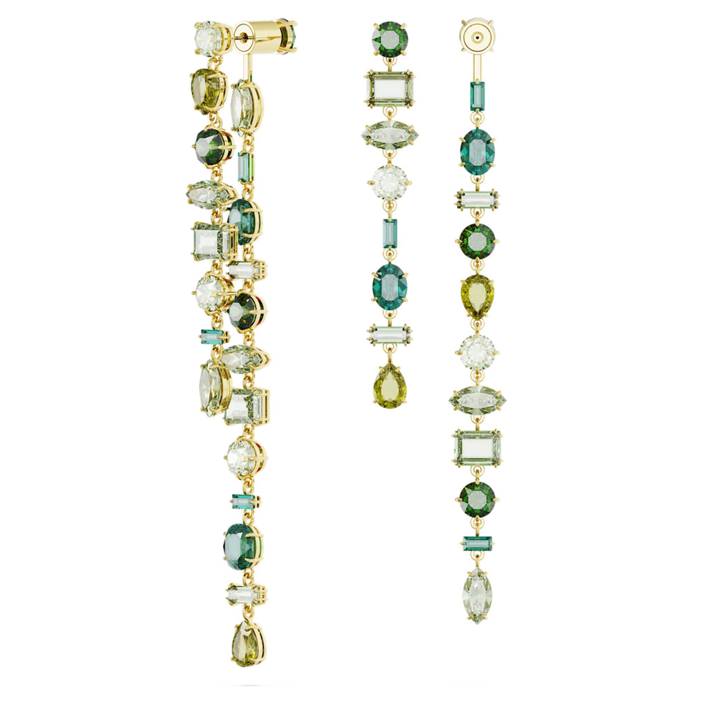 Swarovski Gema drop earrings Asymmetrical design, Mixed cuts, Extra long, Green, 18K gold finish
