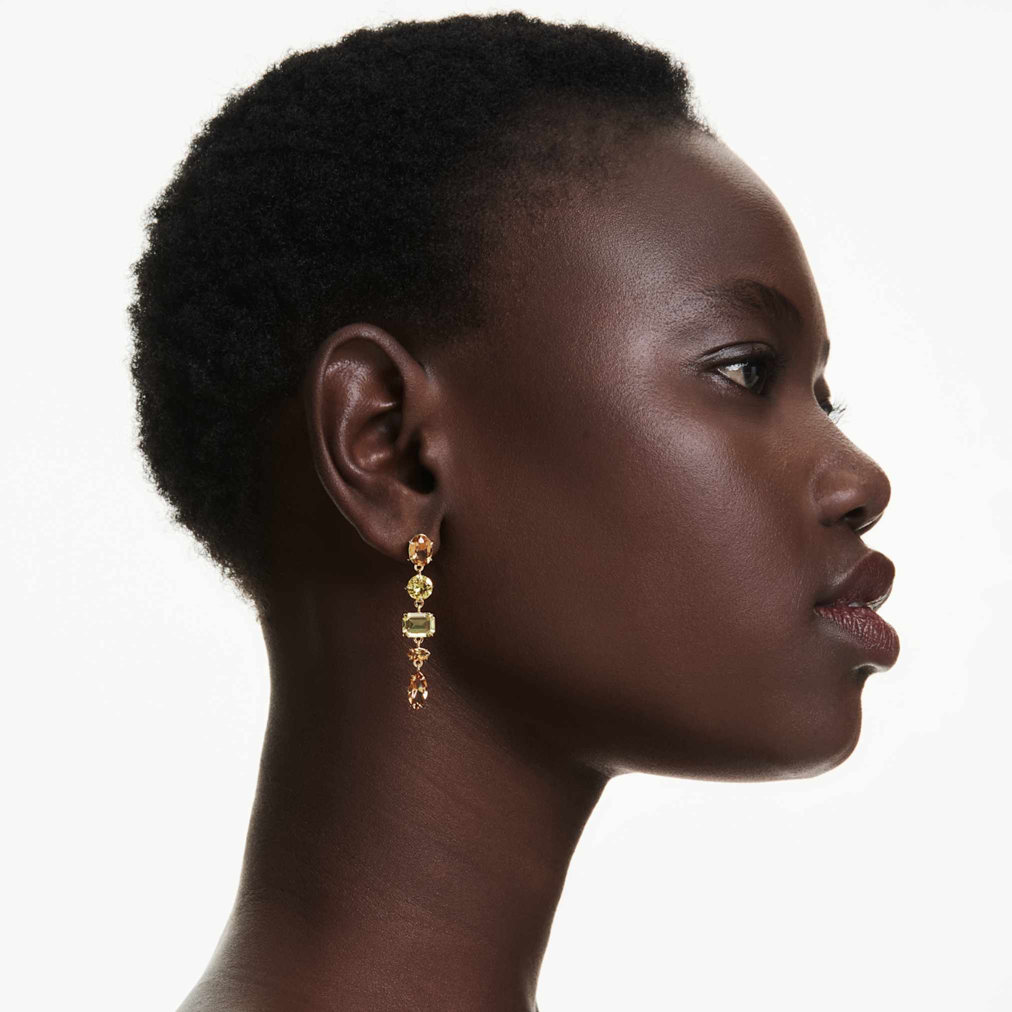 Swarovski Gema drop earrings Asymmetrical design, Mixed cuts, Long, Yellow, 18K gold finish