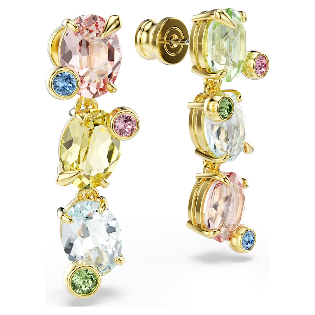 Swarovski Gema drop earrings Asymmetrical design, Mixed cuts, Multicolored, 18K gold finish