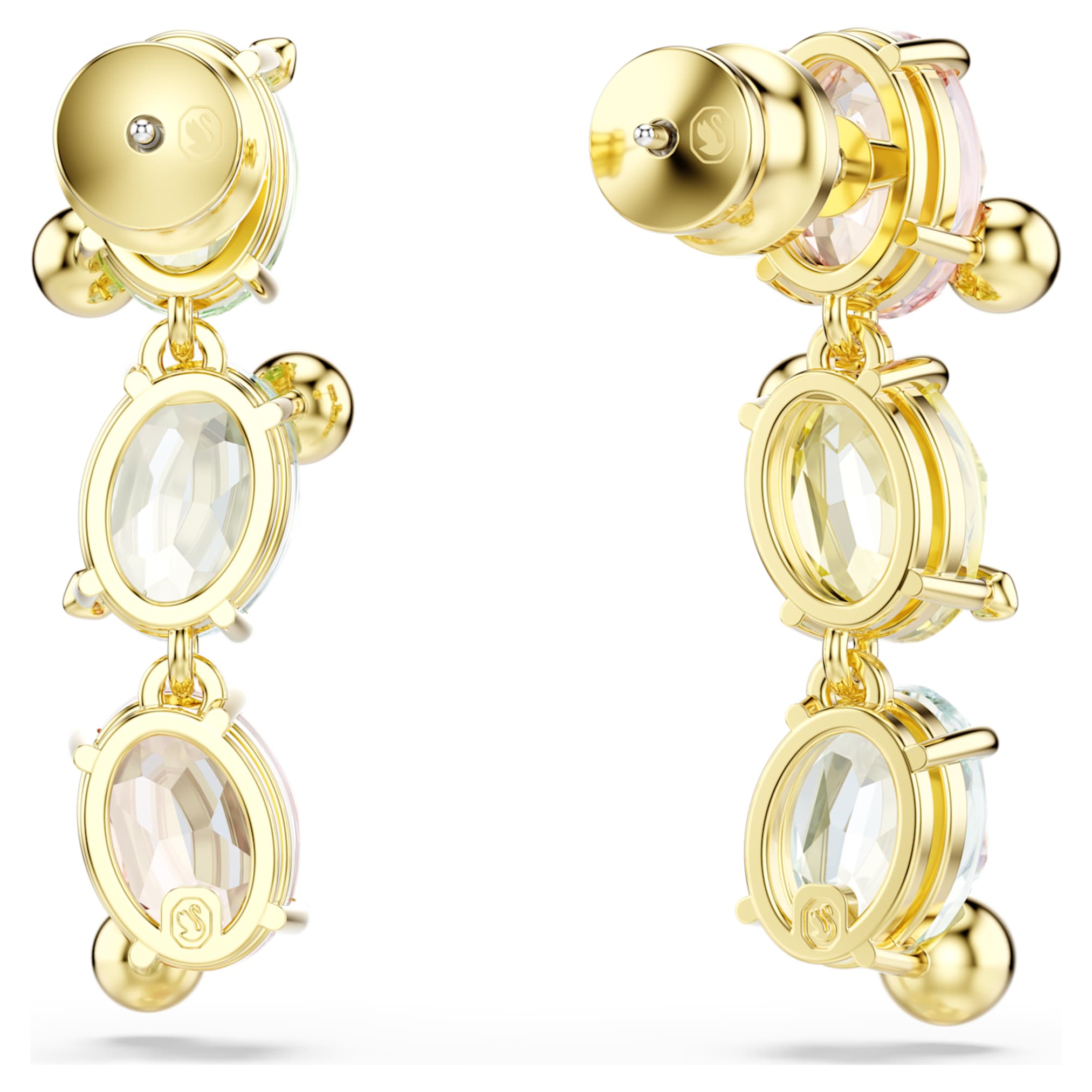 Swarovski Gema drop earrings Asymmetrical design, Mixed cuts, Multicolored, 18K gold finish