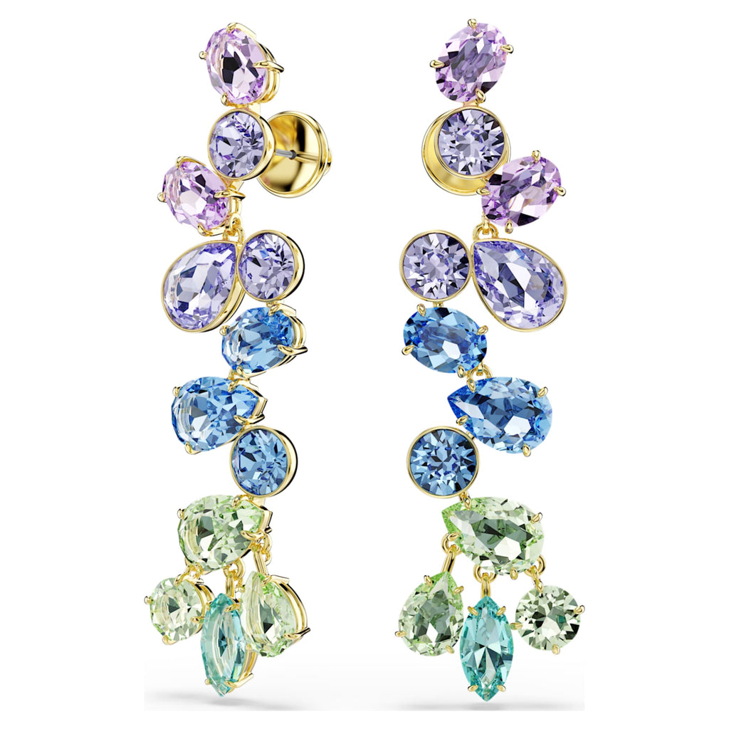 Swarovski Gema drop earrings Mixed cuts, Chandelier, Long, Multicolored, 18K gold finish