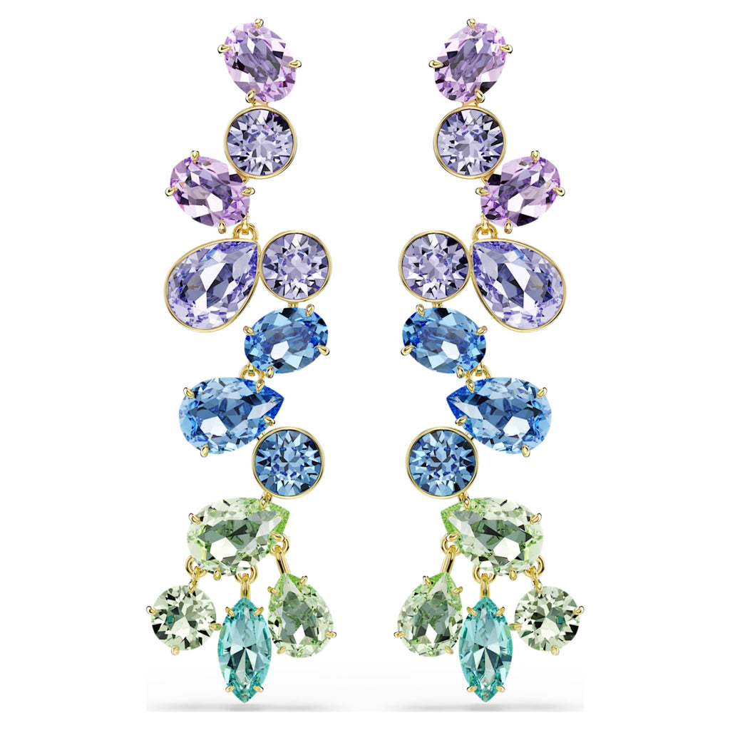 Swarovski Gema drop earrings Mixed cuts, Chandelier, Long, Multicolored, 18K gold finish