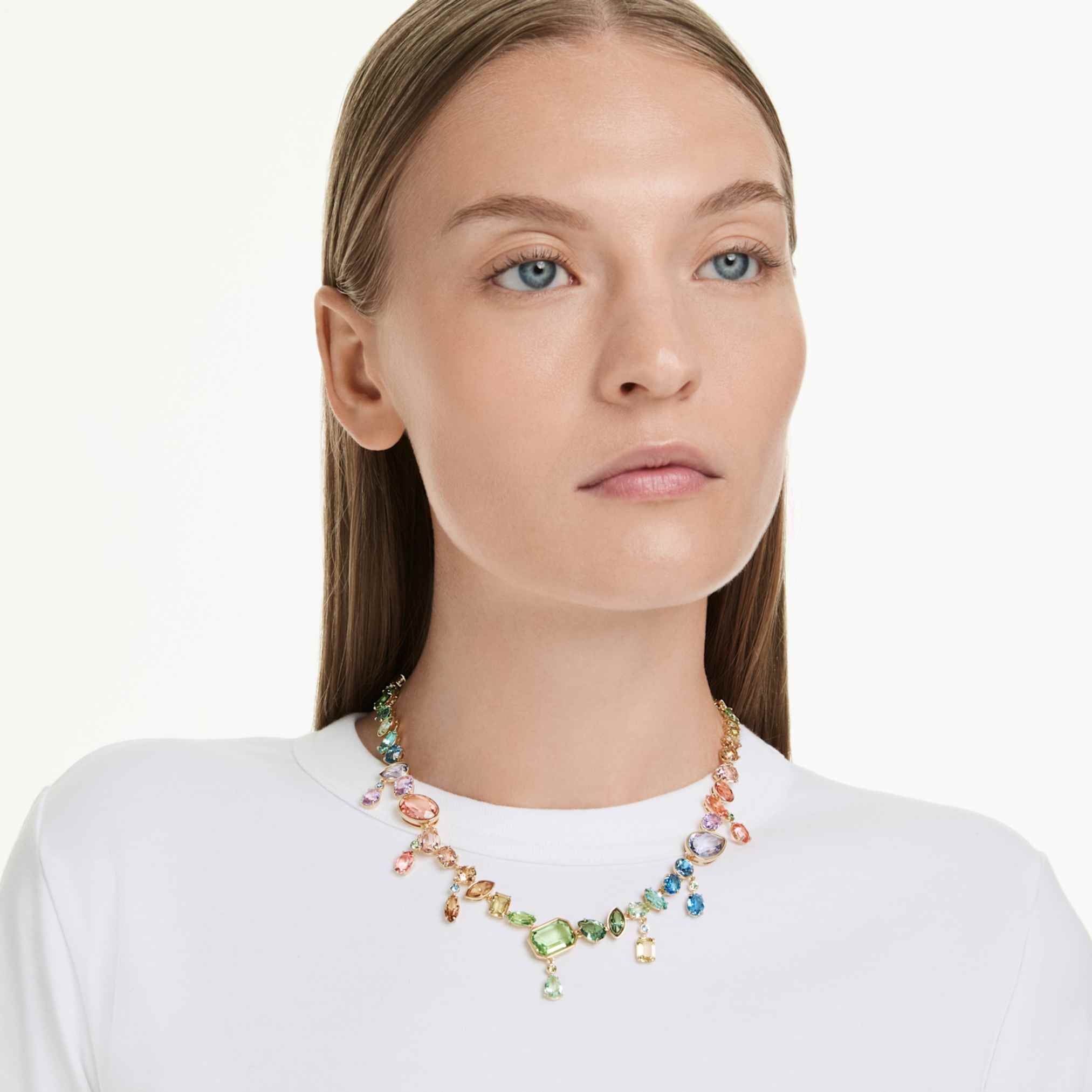 Swarovski Gema necklace Mixed cuts, Dangling crystals, Multicolored, 18K gold finish