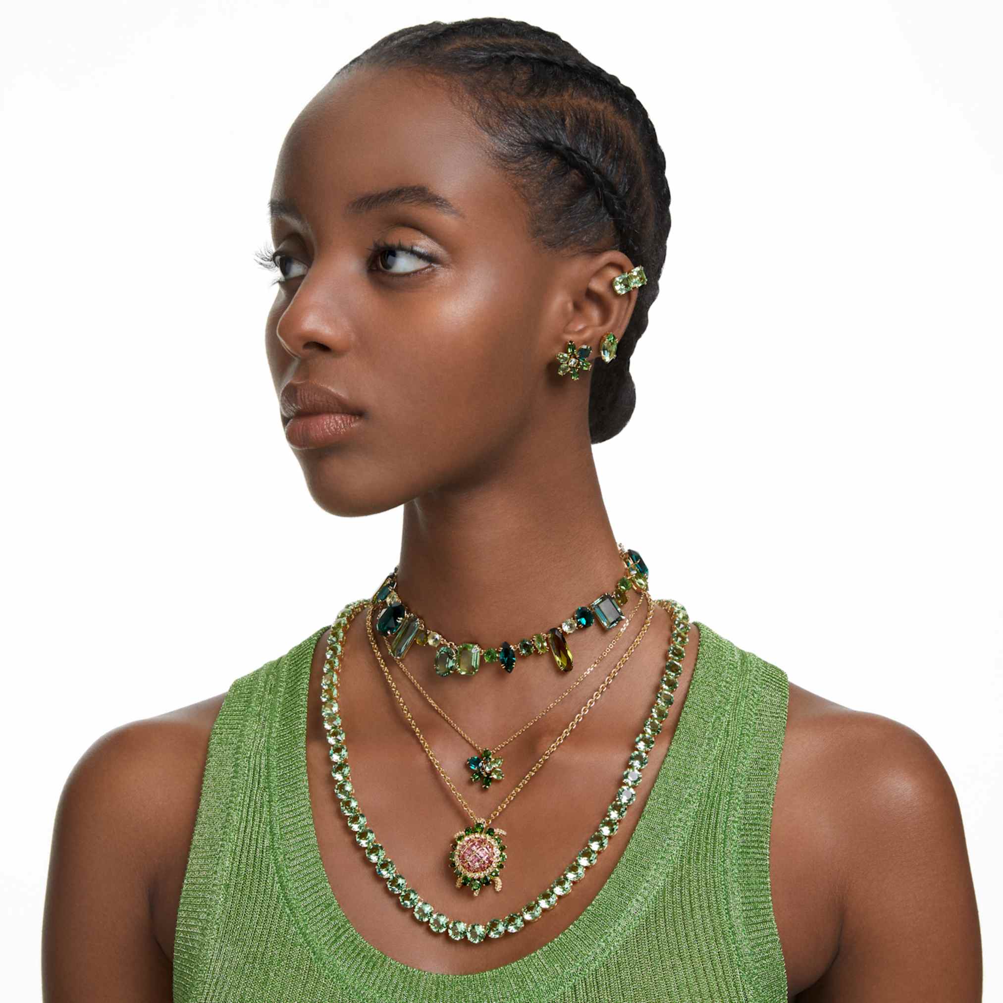 Swarovski Gema necklace Mixed cuts, Green, 18K gold finish