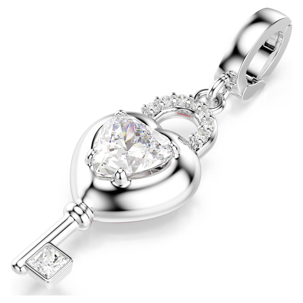 Swarovski Idyllia charm Mixed cuts, Heart with key, White, Rhodium plated