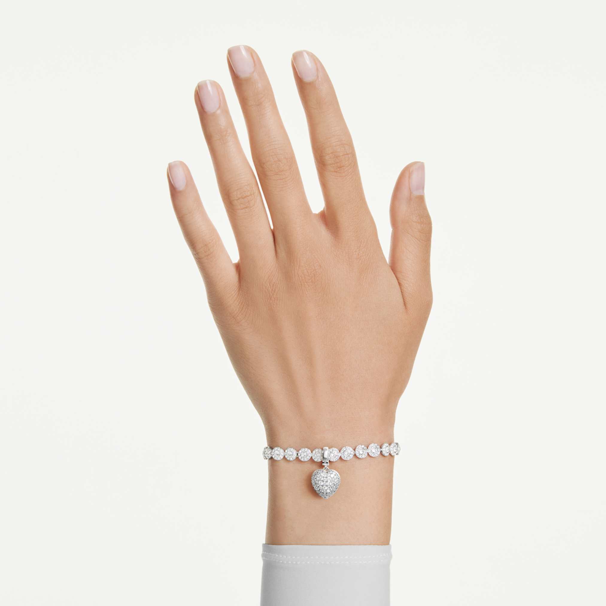 Swarovski Idyllia charm Mixed cuts, Pearl-colored coating, Heart, White, Rhodium plated