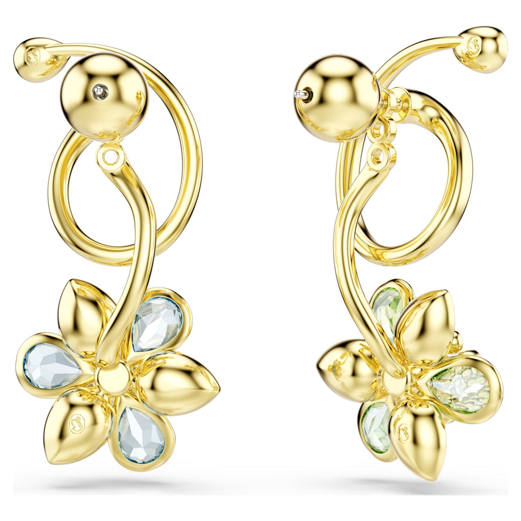 Swarovski Idyllia drop earrings Asymmetrical design, Mixed cuts, Flower, Multicolored, 18K gold finish