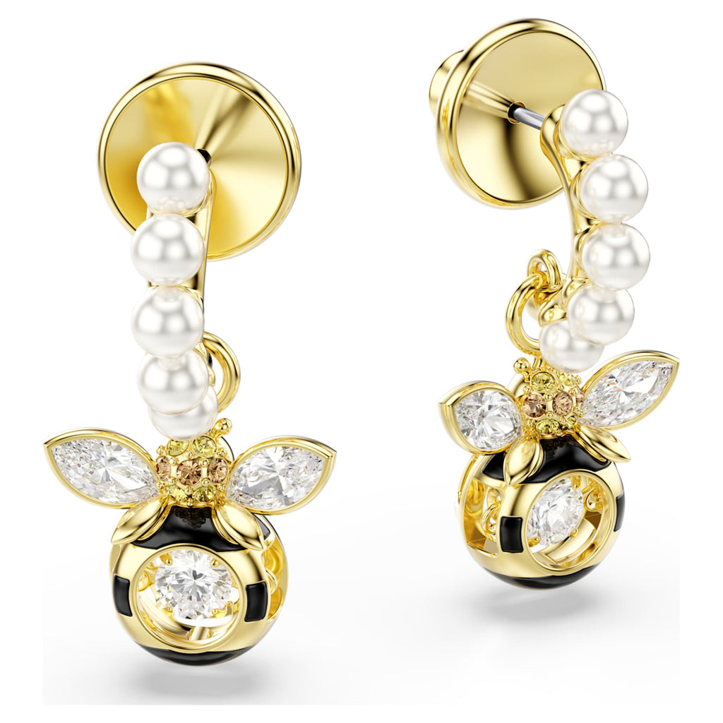 Swarovski Idyllia drop earrings Crystal pearl, Mixed cuts, Bee, Multicolored, 18K gold finish