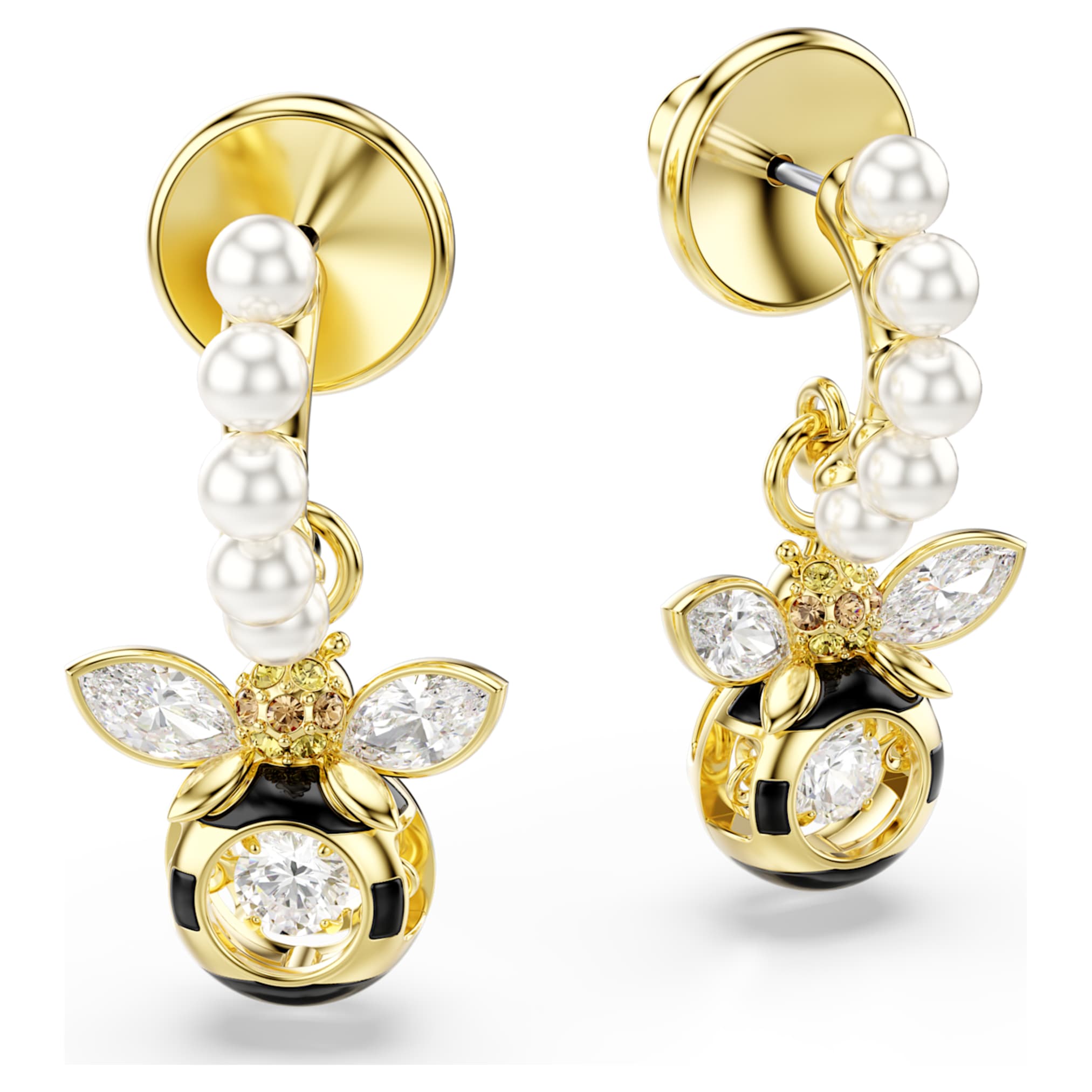 Swarovski Idyllia drop earrings Crystal pearl, Mixed cuts, Bee, Multicolored, 18K gold finish