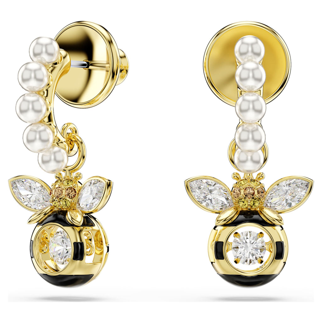Swarovski Idyllia drop earrings Crystal pearl, Mixed cuts, Bee, Multicolored, 18K gold finish