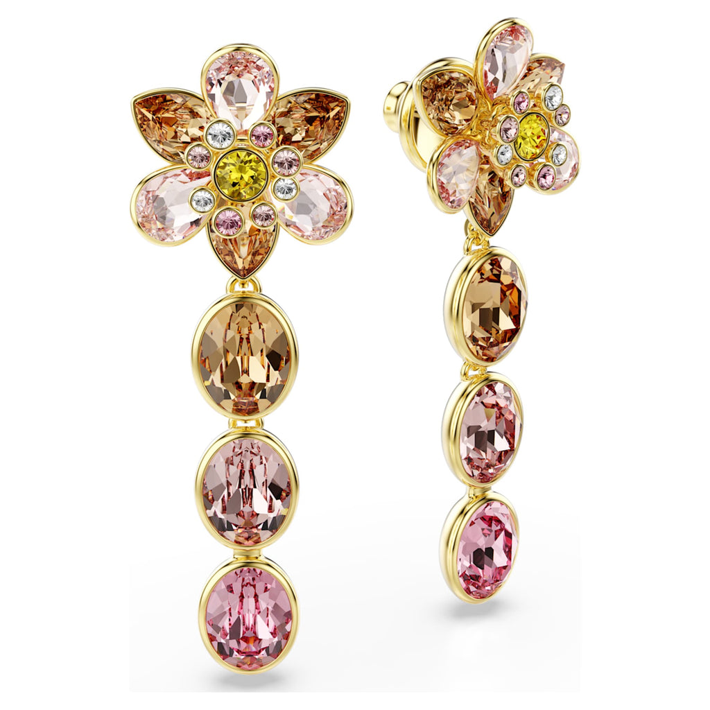 Swarovski Idyllia drop earrings Mixed cuts, Flower, Multicolored, 18K gold finish