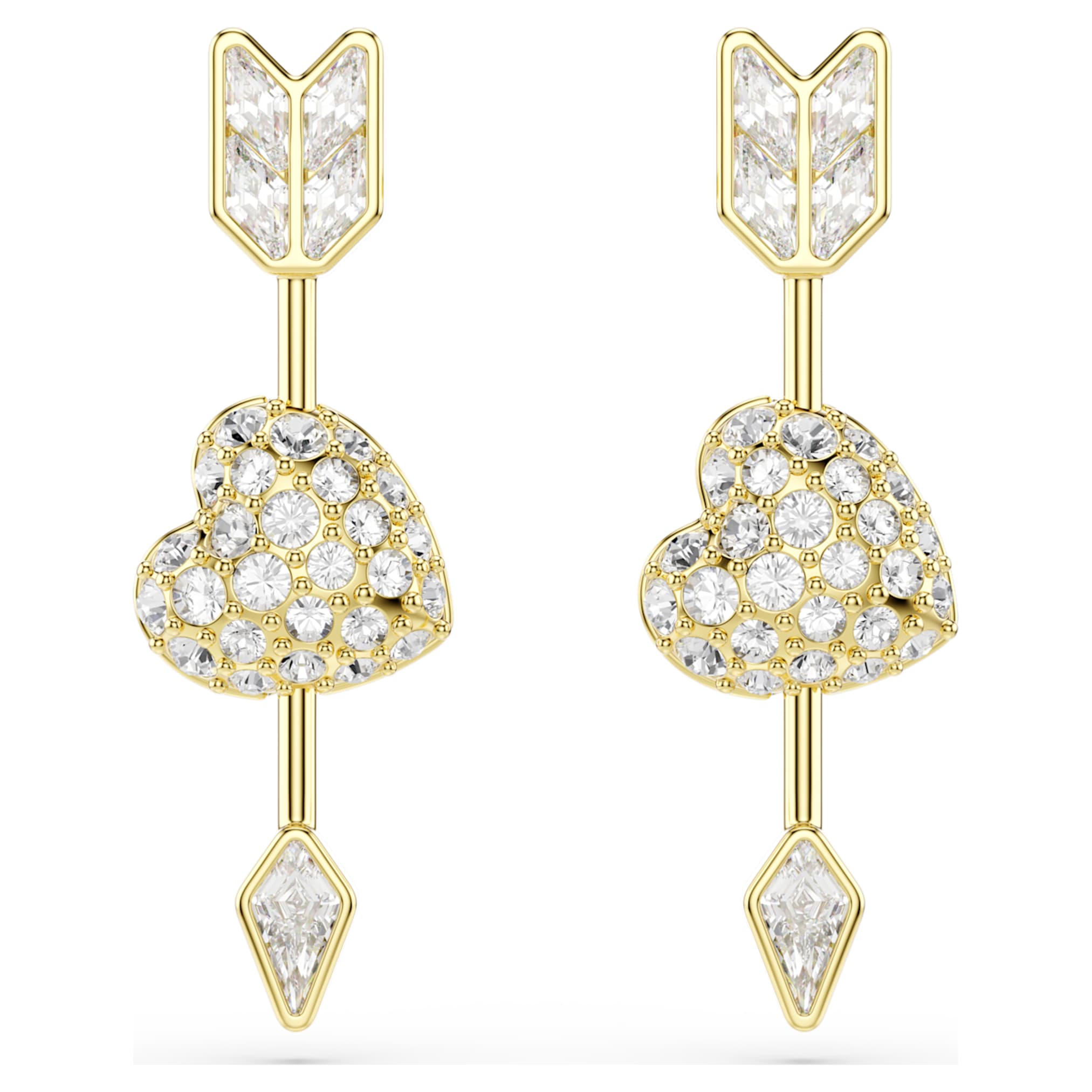 Swarovski Idyllia drop earrings Mixed cuts, Heart with arrow, White, 18K gold finish
