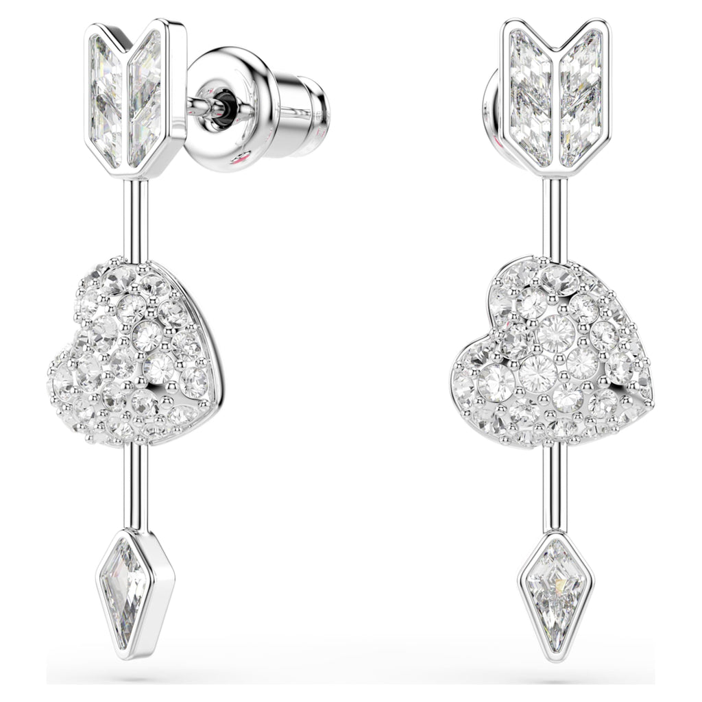 Swarovski Idyllia drop earrings Mixed cuts, Heart with arrow, White, Rhodium plated