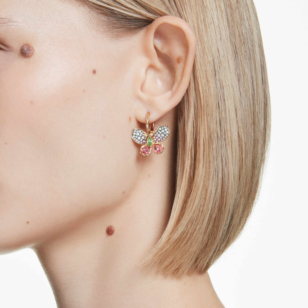 Swarovski Idyllia drop earrings Mixed cuts, Pavé, Butterfly, Multicolored, 18K gold finish