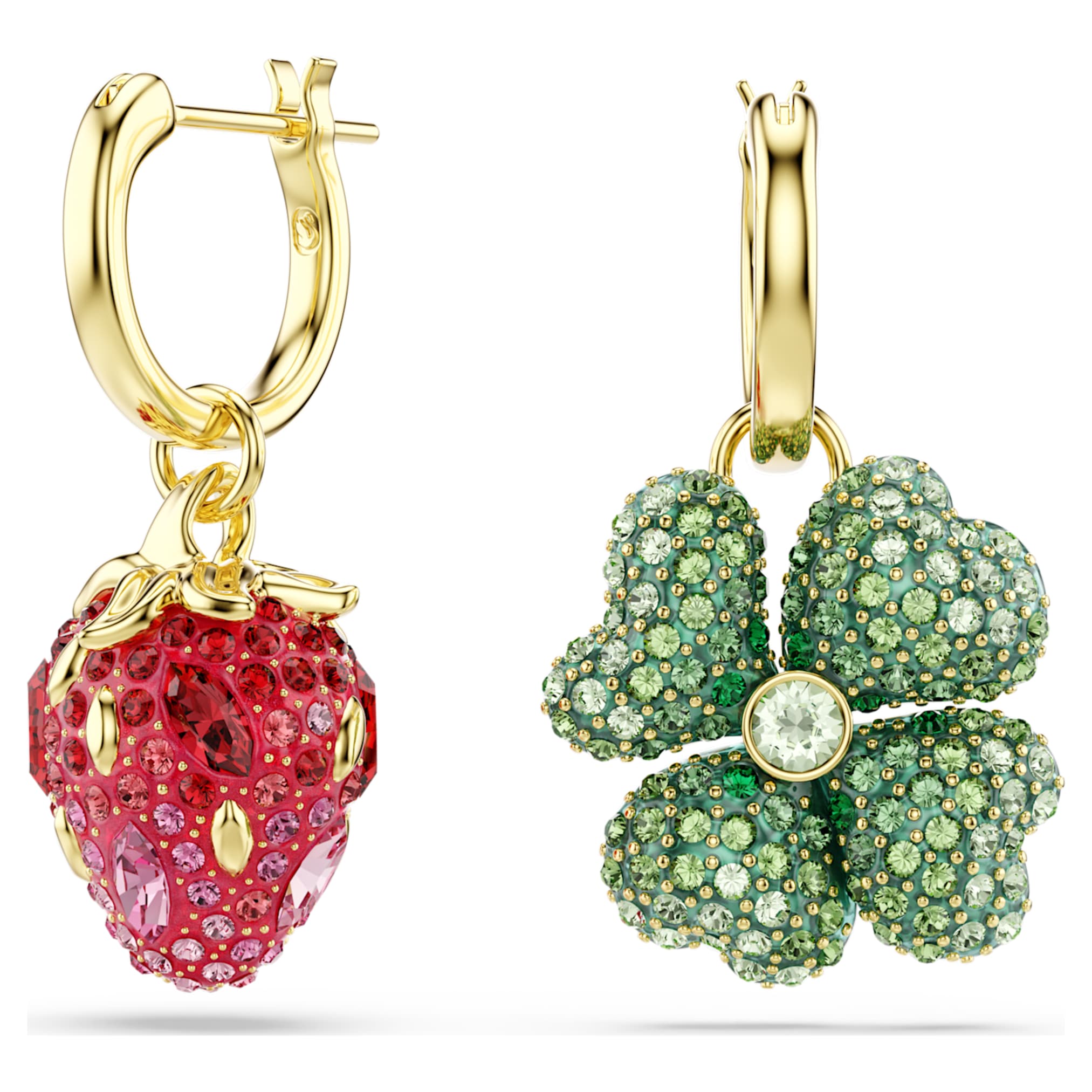 Swarovski Idyllia drop earrings Set (3), Ladybug, Clover, Strawberry, Multicolored, 18K gold finish