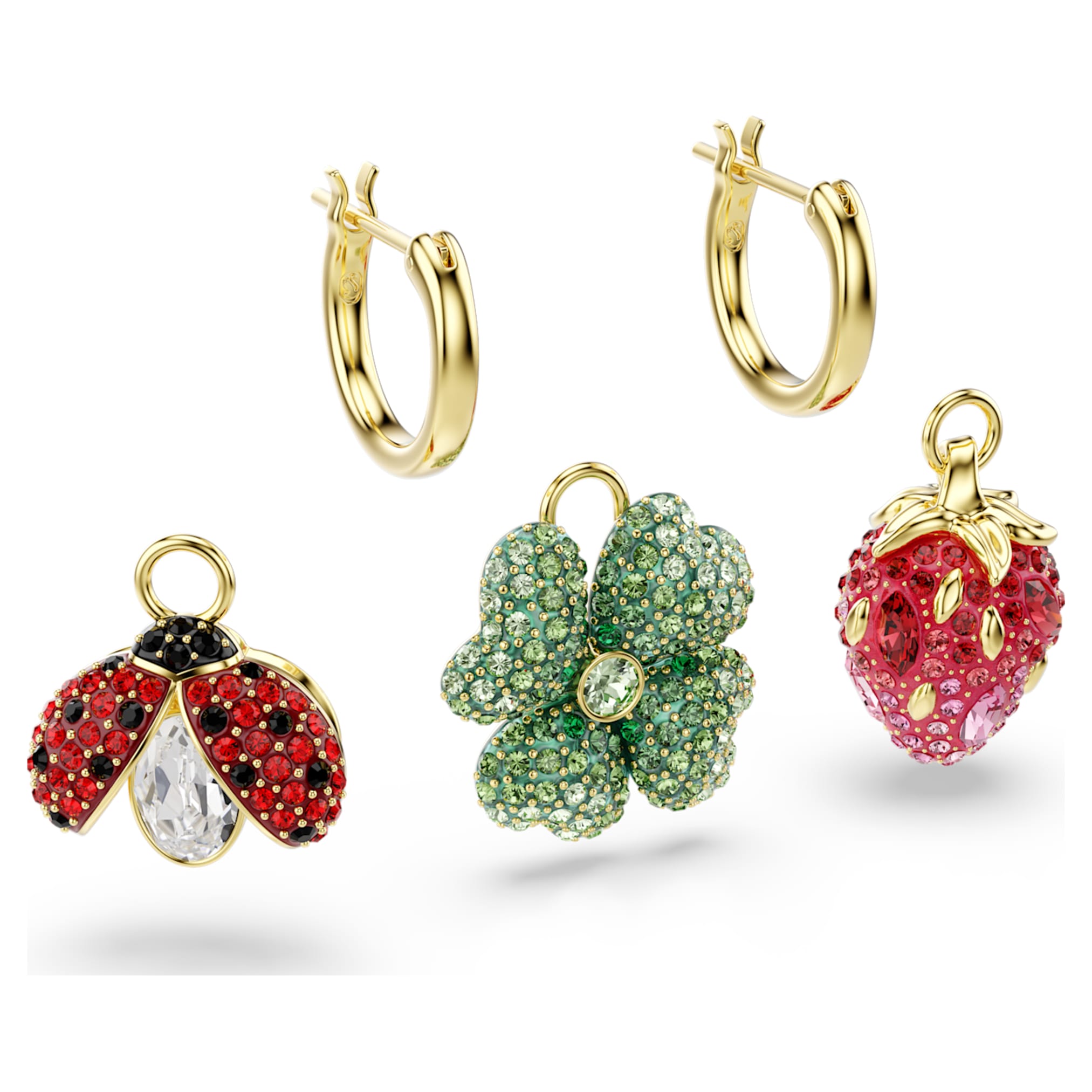 Swarovski Idyllia drop earrings Set (3), Ladybug, Clover, Strawberry, Multicolored, 18K gold finish