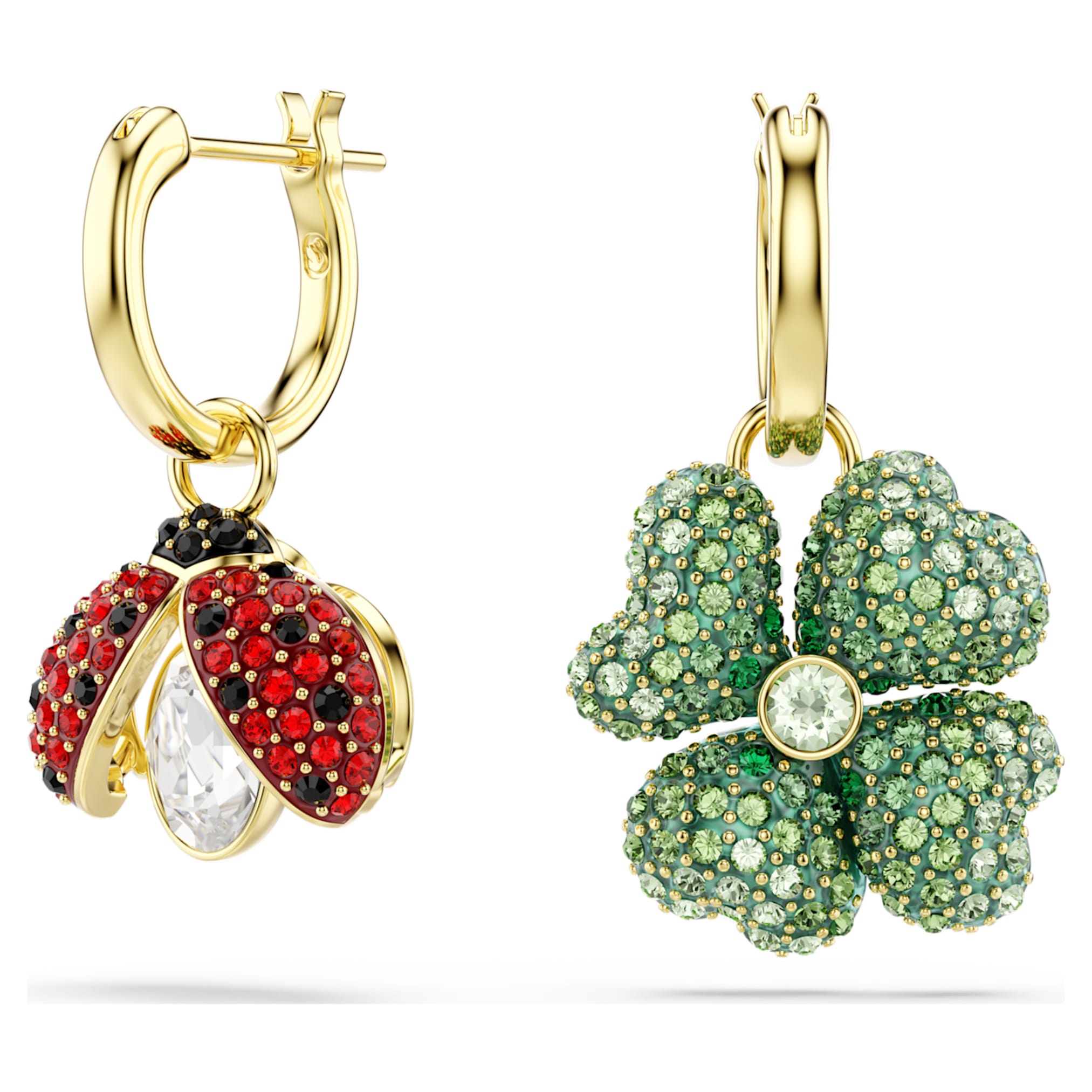 Swarovski Idyllia drop earrings Set (3), Ladybug, Clover, Strawberry, Multicolored, 18K gold finish