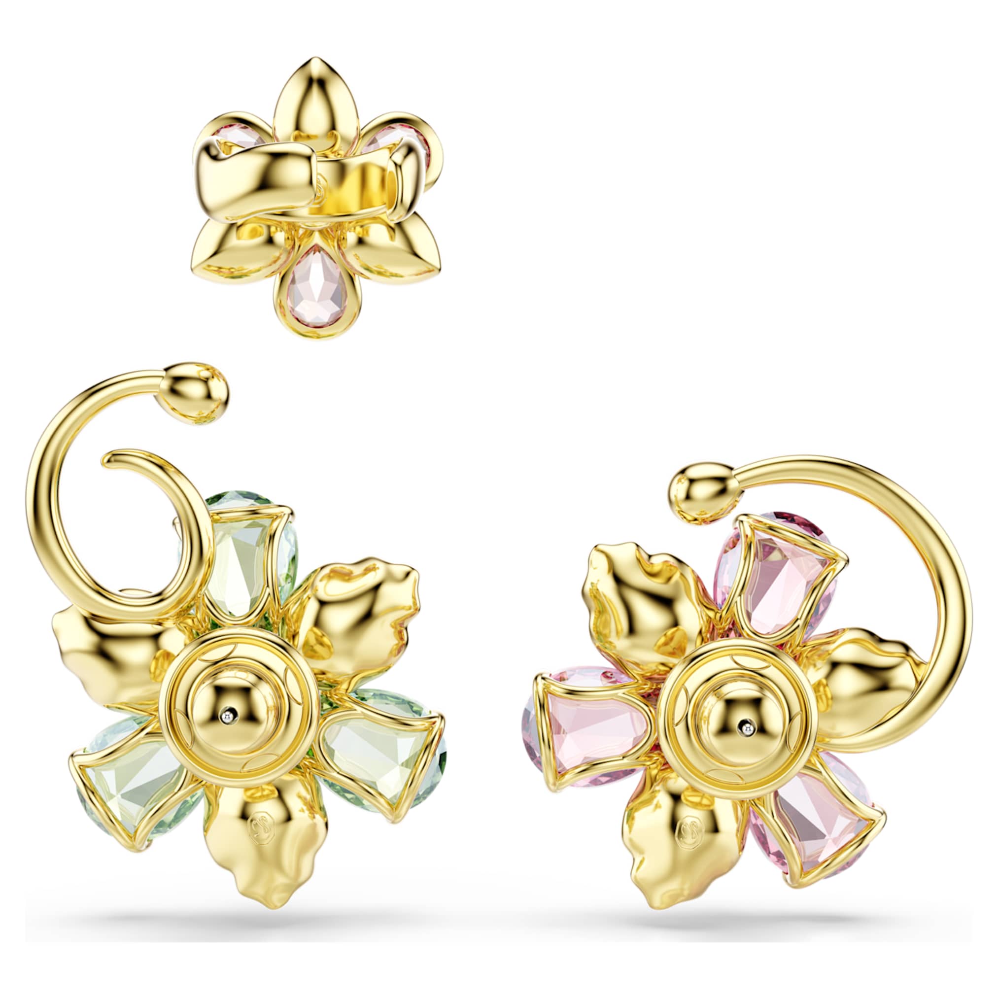 Swarovski Idyllia ear cuff Set (3), Asymmetrical design, Mixed cuts, Flower, Multicolored, 18K gold finish