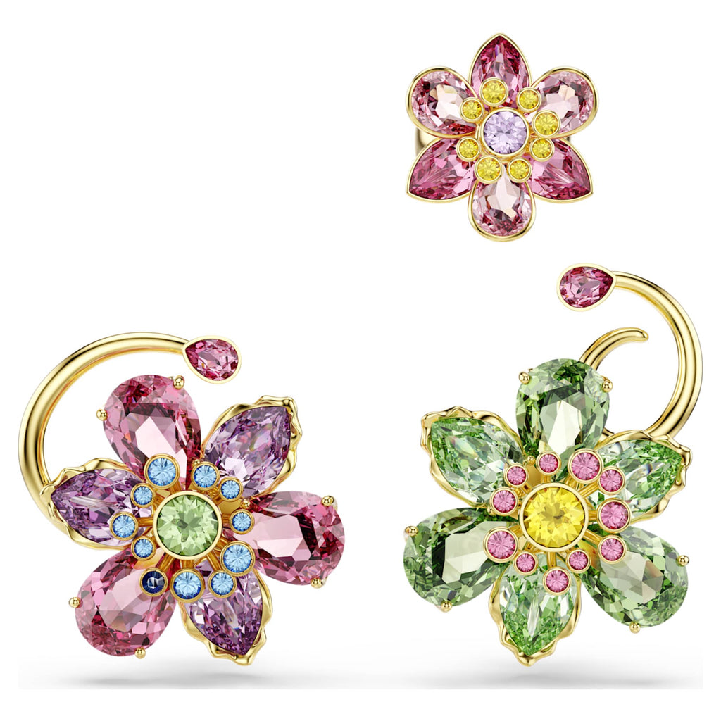 Swarovski Idyllia ear cuff Set (3), Asymmetrical design, Mixed cuts, Flower, Multicolored, 18K gold finish
